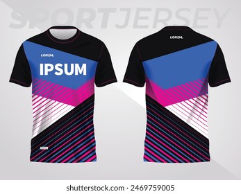 blue pink on dark background for sports jersey pattern. abstract color texture shirt front and back view mockup.