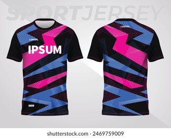 blue pink on dark background for sports jersey pattern. abstract color texture shirt front and back view mockup.