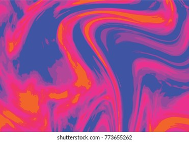 Blue, pink, orange digital marbling background. Liquid surface backdrop. Colorful suminagashi vector for web design or festival invitation. Fluid color pattern. Traditional Turkish ebru technique