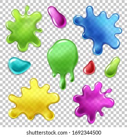 Blue, pink, orange, green blobs set. Glossy transparent slime blots Vector Illustration realistic vector color textures