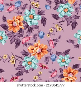 blue pink and orange vector seamless flowers with leaves bunches pattern on background