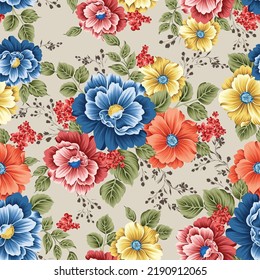 blue pink orange yellow and red vector stock flowers with green leaves  pattern on cream background