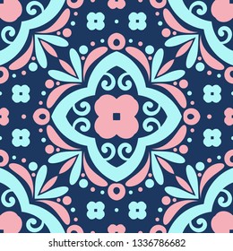 Blue and pink ornamental seamless pattern. Vintage vector, luxury elements. Great for fabric, invitation, flyer, menu, brochure, background, wallpaper, decoration, packaging or any desired idea.