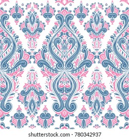 Blue and pink ornamental seamless pattern. Vintage, paisley elements. Ornament. Traditional, Ethnic, Turkish, Indian motifs. Great for fabric and textile, wallpaper, packaging or any desired idea. 