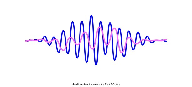 Blue and pink overlapping sound waves. Two sinusoid lines with different frequency and amplitude. Voice or music audio samples. Electronic radio signal and impulse graphics. Vector