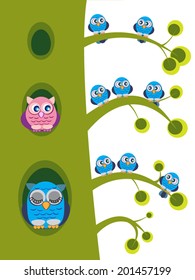 Blue and pink owl sitting on a green three and owl parents sleeping in a tree hole. Vector illustration, isolated.