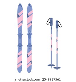 Blue and pink pair of skis and poles isolated on white background. Hand drawn vector illustration in flat style. Winter mountain sport equipment. Web icon, sticker design, drawing