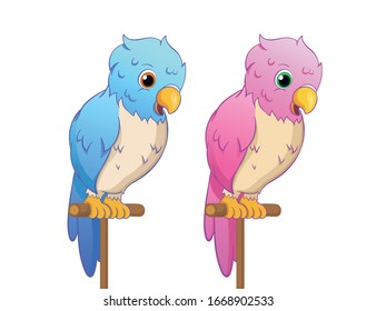 Blue and Pink parrots sitting on a stand. Cartoon vector illustration.