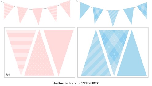 Blue and pink party banner flag for baby shower, birthday, Mother's day, kid Baptism. Light soft pastel color. Boy girl gender reveal decoration. Spring summer mood. Easy print and cut on A4 format