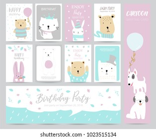 Blue pink pastel greeting card with rabbit,bear,cat and dog