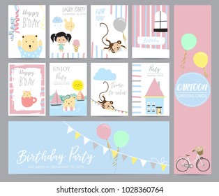 Blue pink pastel greeting card with bear,girl,monkey,balloon,ice cream,house and cat