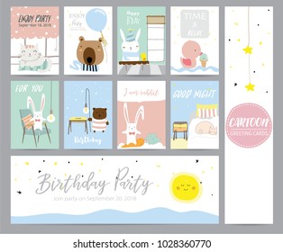 Blue pink pastel greeting card with cat,bear,rabbit,duck,star and pig