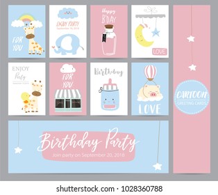 Blue pink pastel greeting card with girafffe,cafe,moon,elephant,star and pig