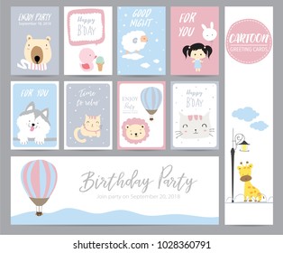 Blue pink pastel greeting card with giraffe,cat,bear,lion,duck,sheep,balloon and girl