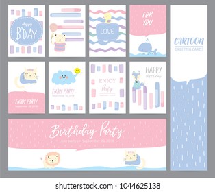 Blue pink pastel greeting card with cat,rabbit,duck,whale,fox,cat and cloud