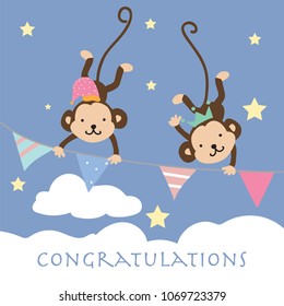 Blue pink pastel greeting card with monkey climb the flag,cloud,sky and star