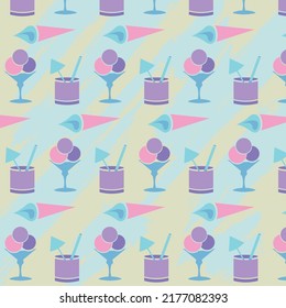 Blue and pink pattern from the composition of a glass with a straw and an umbrella, ice cream in a bowl and an ice cream cone on a blue-yellow background.