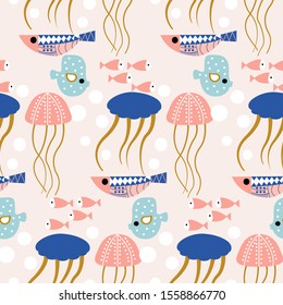 Blue and pink pattern design with jellyfish and colorful fishes, perfect to use on the web or in print