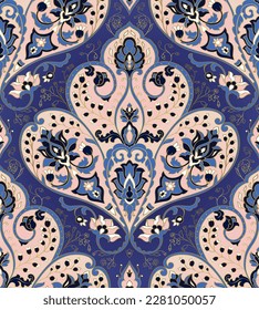 Blue and pink pattern with ornamental flowers. Traditional oriental damask background. Seamless design for a wallpaper, textile, carpet and any surface.