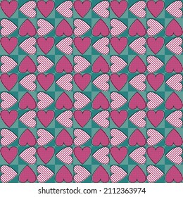 Blue and pink pattern patchwork heart valentine in retro style on white background. Vector seamless tribal pattern. Modern geometric abstract.