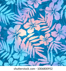 Blue and pink pearl colors tropic flowers vector seamless pattern