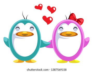 Blue and pink penguin in love illustration vector on white background