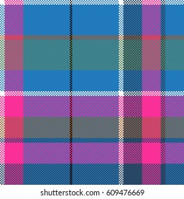 Blue pink pixels pattern seamless fabric texture. Vector illustration.