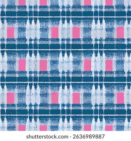 Blue and pink plaid, in the style of a woodblock print, grunge lines ikat pattern, striped seamless pattern, Vector illustration background for print the paper.