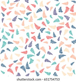 Blue and pink plant leaves isolated on white background, fern frond seamless vector illustration. Detailed ferns drawing, textile print. Tropical forest or garden bracken herbs.