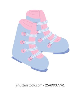 Botas de esquí de plástico azul y rosa aisladas sobre fondo blanco. Ilustración vectorial dibujada a mano en estilo plano. Concepto de deportes de invierno, equipo de esquí de montaña. Par de botas de esquí