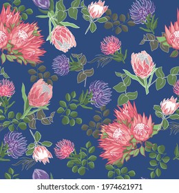 Blue and pink proteas and grevillea Australian natives seamless vector repeat pattern