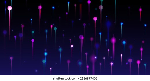 Blue Pink Purple Abstract Background. Neon Light Nodes Elements. Big Data Artificial Intelligence Ethernet Technology Wallpaper. Network Technology Banner. Social Science Fiber Optics Light Pins.
