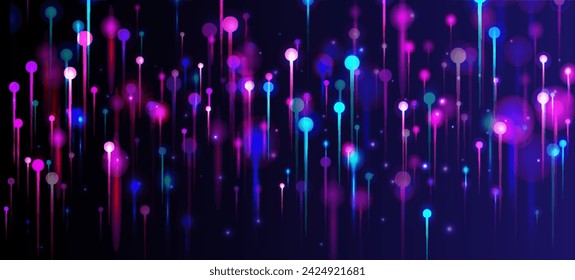 Blue Pink Purple Abstract Wallpaper. Vivid Light Glow Elements. Network Scientific Banner. Big Data Artificial Intelligence Internet Futuristic Background. Fiber Optics Social Science Light Pins.