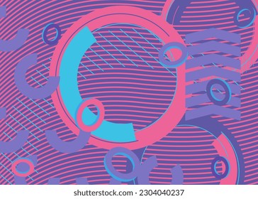 Blue, pink and purple busy psychodelic volumetric background. Simple geometric vector. Vibrant graphic old retro geometrical shapes. Abstract art cartoon banner, poster illustration.