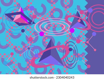 Blue, pink and purple busy psychodelic volumetric background. Simple geometric vector. Vibrant graphic old retro geometrical shapes. Abstract art cartoon banner, poster illustration.