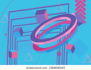 Blue, pink and purple busy psychodelic volumetric background. Simple geometric vector. Vibrant graphic old retro geometrical shapes. Abstract art cartoon banner, poster illustration.