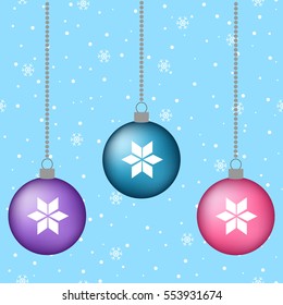 blue, pink, purple christmas balls decoration hanging winter background snow card vector