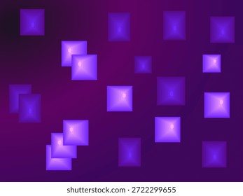 Retângulos de gradiente azul, rosa e roxo em vários tamanhos no plano de fundo roxo gradiente. Estilo Bokeh.