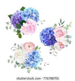 Blue, pink and purple hydrangea, orchid, rose, white chrysanthemum, ranunculus, eucalyptus and greenery vector design bouquets.Beautiful spring wedding flowers.All elements are isolated and editable