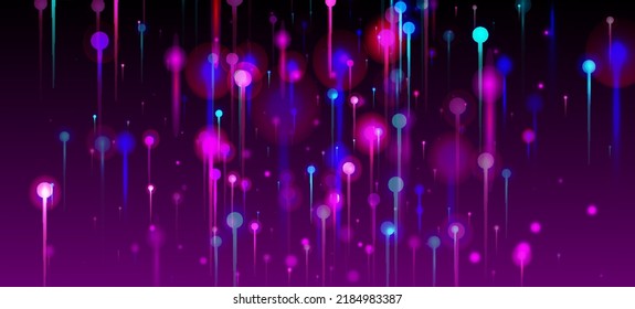Blue Pink Purple Modern Background. Artificial Intelligence Big Data Internet Futuristic Wallpaper. Vivid Light Nodes Elements. Network Technology Banner. Fiber Optics Social Science Light Pins.