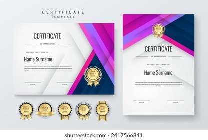 Blue pink and purple violet certificate of corporate template. Clean modern certificate with gold badge. Certificate border template with luxury and modern line pattern