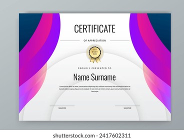 Blue pink and purple violet certificate of appreciation border template with luxury badge and modern line and shapes
