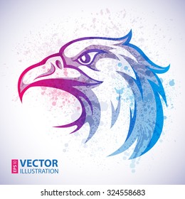 Blue, pink and purple watercolor paint eagle head logotype on white background. RGB EPS 10 vector illustration