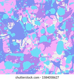 Blue pink purple white ink paint splashes camouflage vector colorful seamless pattern 