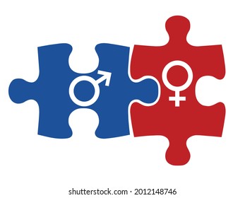 blue and pink puzzles and gender signs isolated on white backgrounds