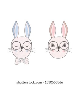 Blue and pink rabbit heads with glasses and bow. Smart animal boy and cute girl isolated on white background. Decorative bunny for Easter or Valentines Day , illustration.