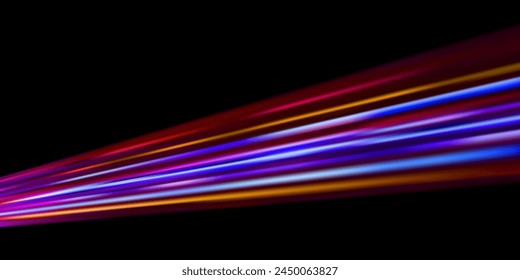 Blue, pink and red glowing speed stripes. Traces of movement of a car. Night city lighting with long exposure. Abstract vector illustration isolated on black background.