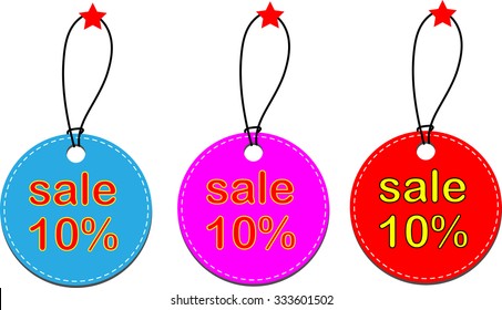 Blue, Pink and Red label for ten percent sell off. Isolated on white background.