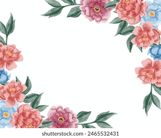 Blue, Pink, and Red Rose Watercolor Flower Border