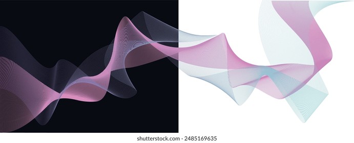 Vector de Anuncio de cinta rosa azul, líneas abstractas de Tecnología sobre fondo transparente. Ondulado aislado Remolino de onda, fiesta de género, ondas de sonido de frecuencia, líneas de curva retorcidas con efecto de mezcla